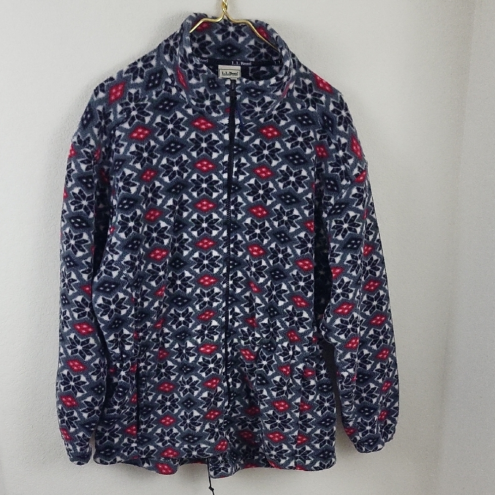 Vtg LL Bean Full Zip Black and Red Snowflake Fleece Jacket Size Large